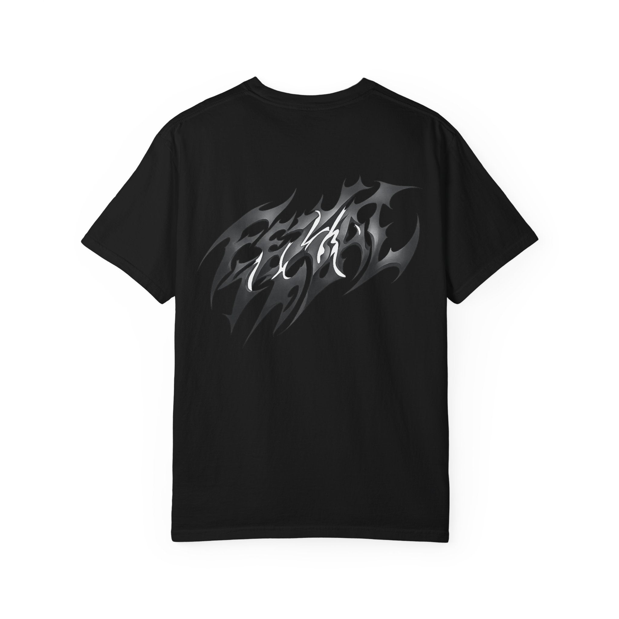T-Shirt — Black Flame Graphic Tee with Stylized Script